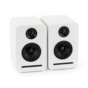 A pair of white Monaco 2.0 WiSA home cinema satellite speakers.